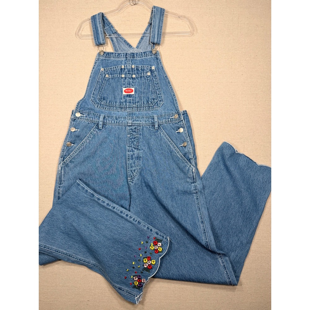 Vintage Revolt Denim Overalls Medium Wash Floral Embroidered Scallop Hem Medium